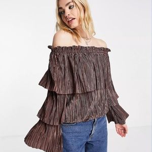 River island plisse Bardot top in brown
